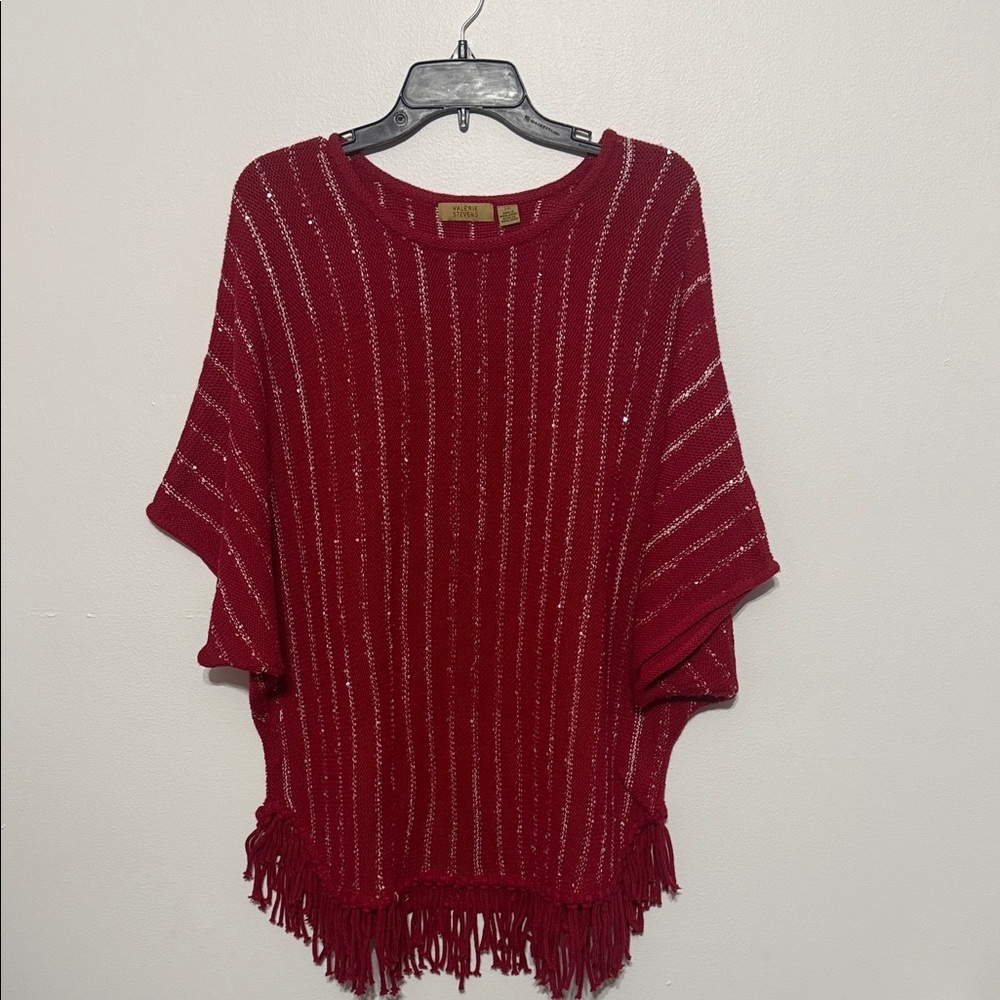Valerie Stevens Red Knit Sparkle Fringed Shaw Sweater Top